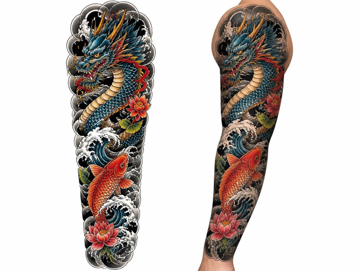 AI-generated koi fish sleeve tattoo design sample